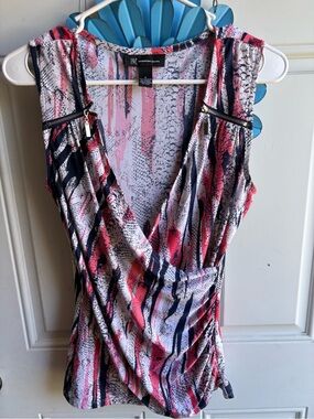 INC International Concepts Pink Navy White Printed Surplice Tank Top